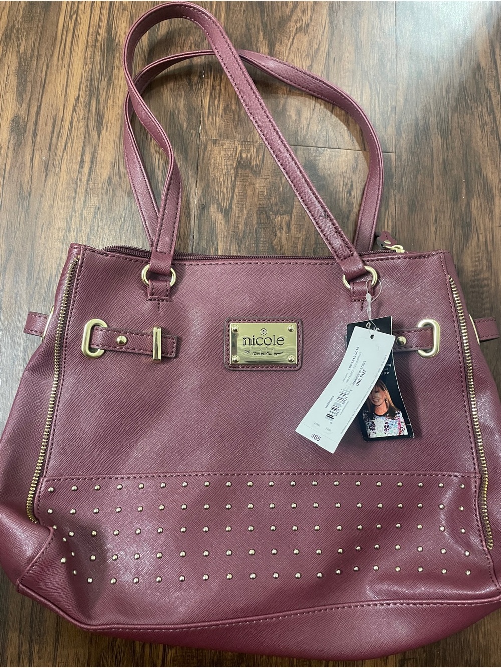 Nicole Wine Studded Tote with Gold Hardware